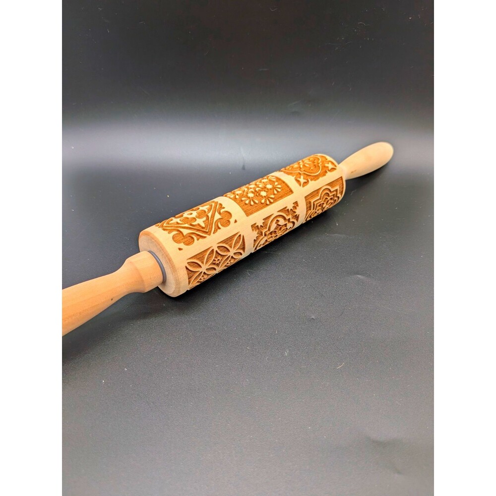 Wood Floral Embossing Rolling Pin With Handles, Beige, 15 in
